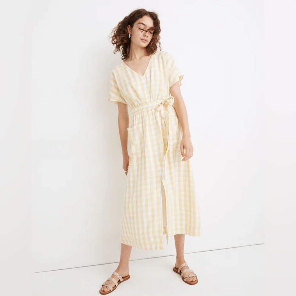 Madewell Dolman-Sleeve Tie-Waist Midi Dress in Gingham Check size 14